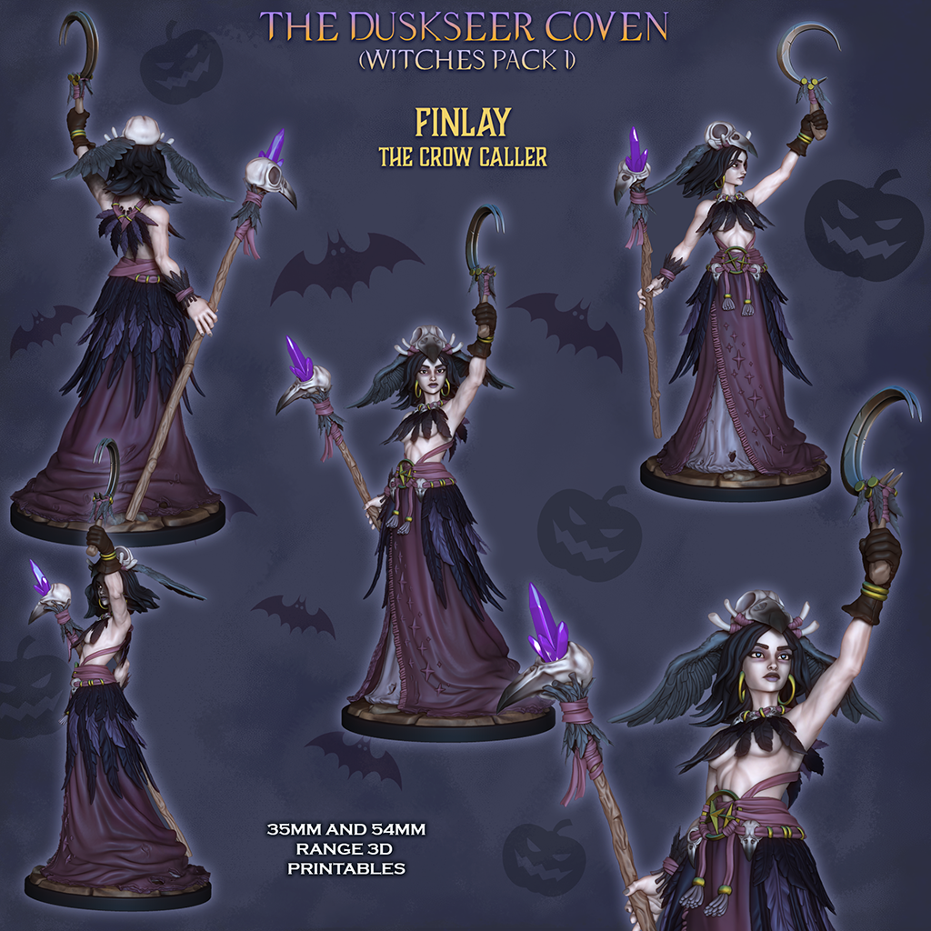 Finlay the Crow Caller, colour views front, back and close-up, Duskseer Coven witches pack 1, designer render by Ronin Arts Workshop.