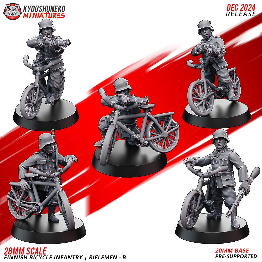 Finnish Bicycle Infantry riflemen B, five WW2 Finnish cyclist soldiers in helmets with rifles, designer render by Kyoushuneko Miniatures.