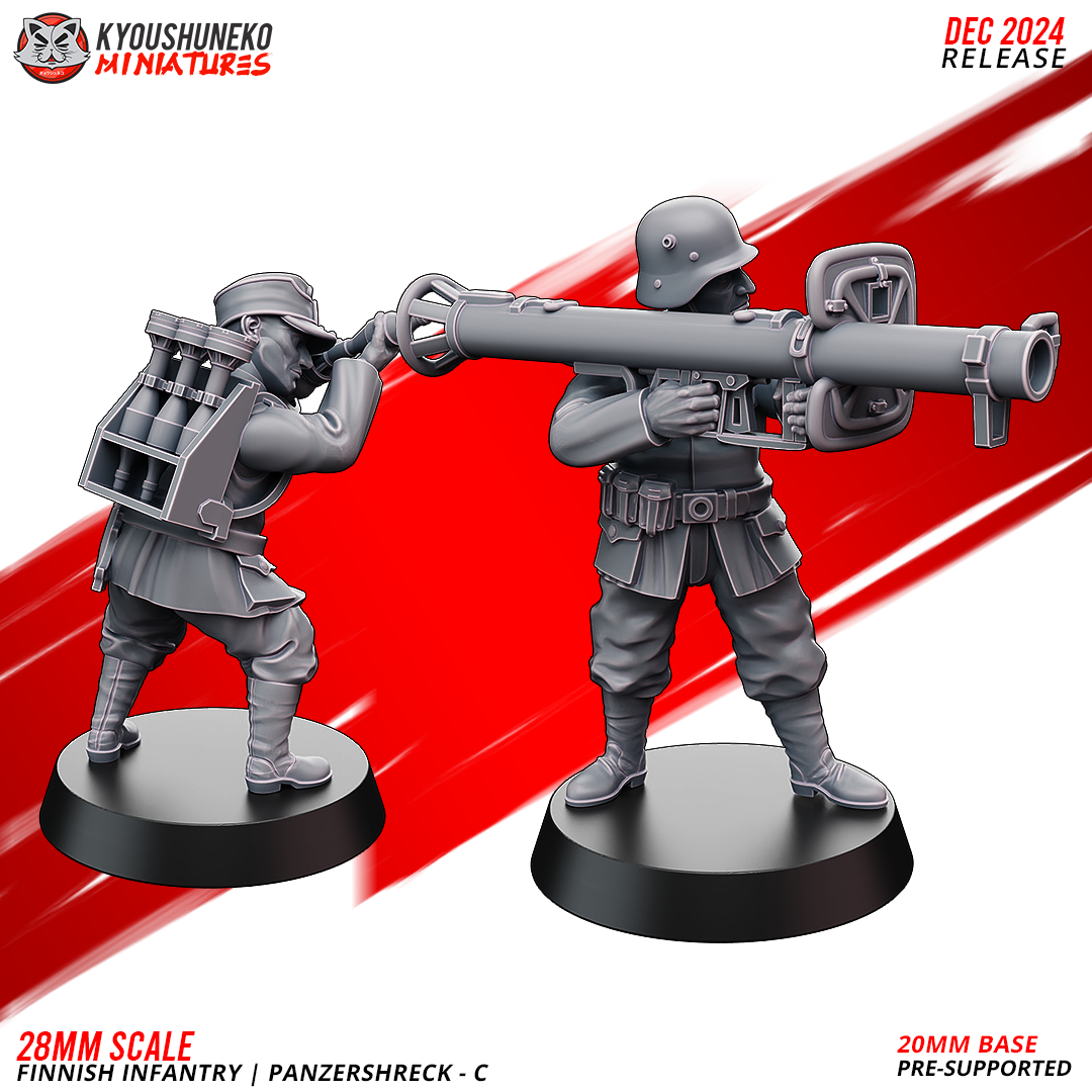 Finnish Infantry Panzerschreck Team C, a standing gunner aiming a Panzerschreck and a loader with a rocket pack, designer render by Kyoushuneko Miniatures.