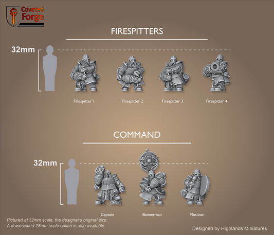 Dwarf Firespitters scale lineup, all poses with a 32mm human and bracket for scale