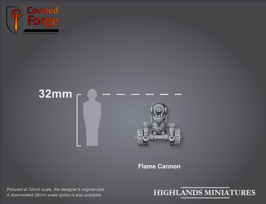 Render of Dwarf Flame Cannon | 32mm Resin War Machine | Highlands: A dwarf flame cannon belches burning oil from a steel carriage, with or without crew. 3D printed resin war machine for Kings of War and Old World.