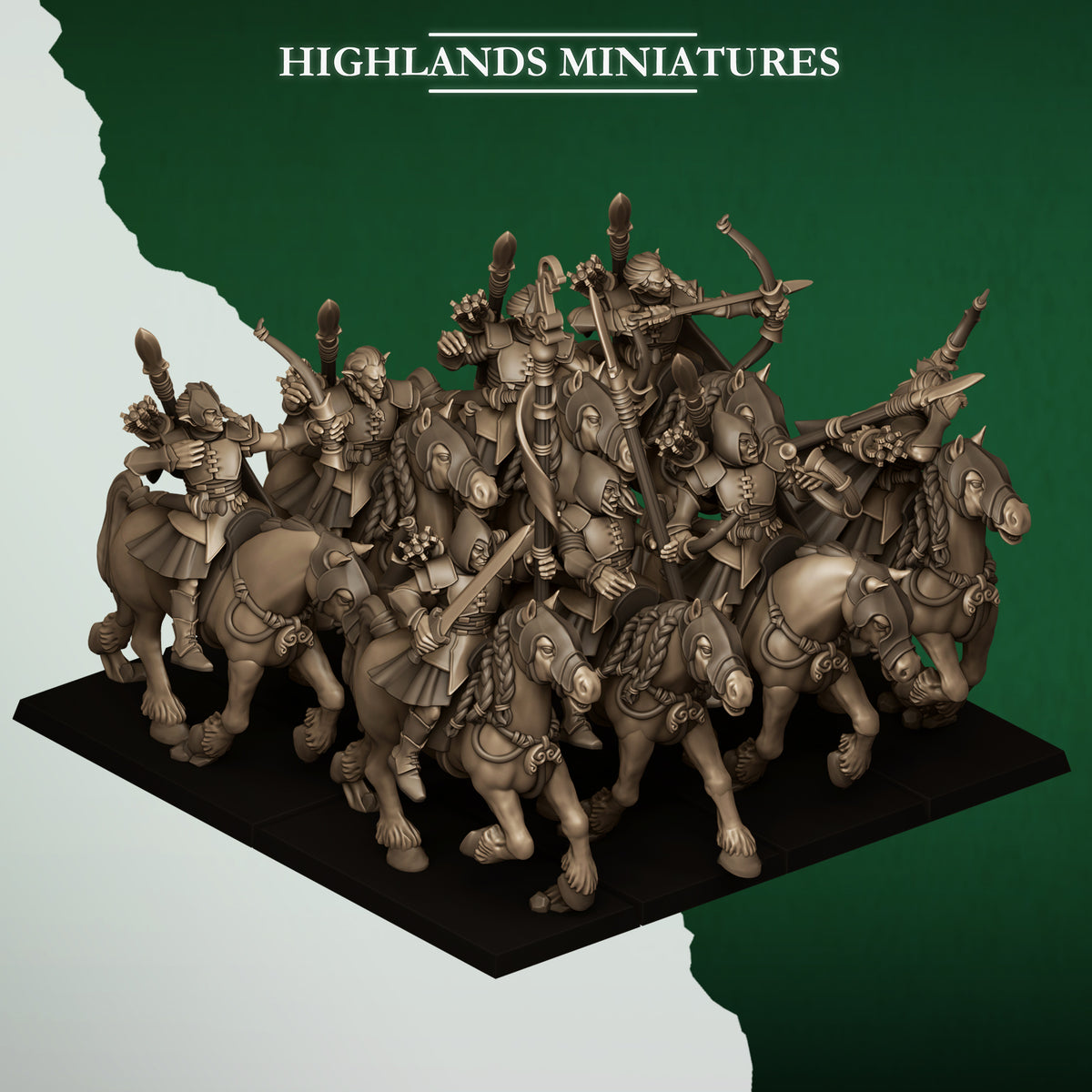 Mounted Feral Archers unit with command, high three-quarter view, Highlands Miniatures render