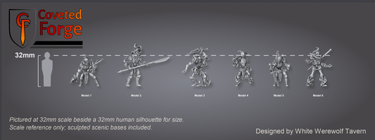 Render of Fire Skeletons | 32mm Dark Fantasy Undead Miniatures: Six flaming undead skeleton soldiers from White Werewolf's Sisters of the Apocalypse. Dark-fantasy 3D printed resin tabletop and display miniatures.