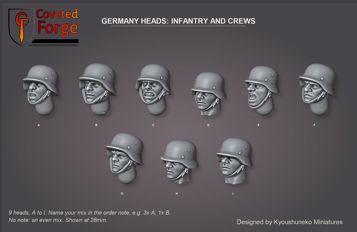 Coveted Forge bits sheet: Heads, Germany Heads Infantry and Crews style guide, 9 different heads lettered A to I to name in the order note, shown at 28mm, resin heads with neck pegs by Kyoushuneko Miniatures.