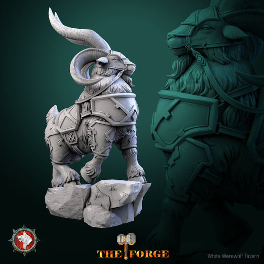 Rear three-quarter view of the Dwarven Armored Goat showing barding straps and hooves
