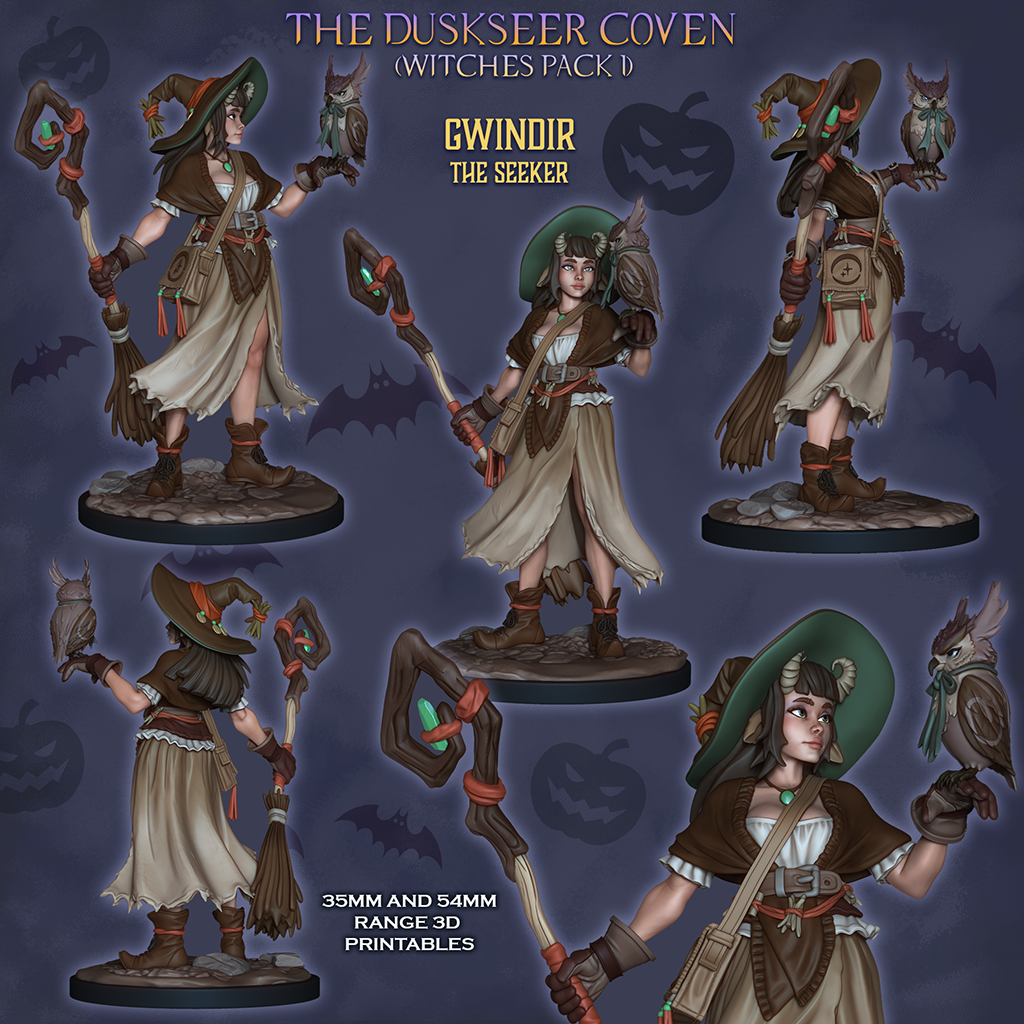 Gwindir the Seeker, colour views front, back and close-up with Braxas the owl, Duskseer Coven witches pack 1, designer render by Ronin Arts Workshop.