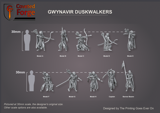 Coveted Forge scale reference: all ten Gwynavir Duskwalker sculpts labelled Model A to Model H, Captain and Banner Bearer, side profile, beside a 30mm human silhouette; every model in the set is the same scale. Pictured at 30mm, the designer's original size, with a 28mm downscale also available.