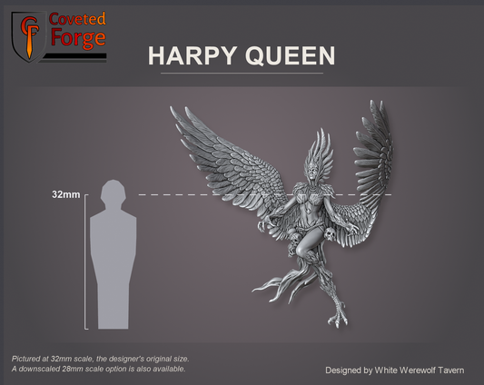 Coveted Forge scale reference: Harpy Queen at 32mm, the designer's original size, about 54 mm tall beside a 32mm human silhouette, front view, shown assembled with head and wings; the scenic base is printed separately and not shown. A downscaled 28mm scale option and a larger 75mm scale are also available.