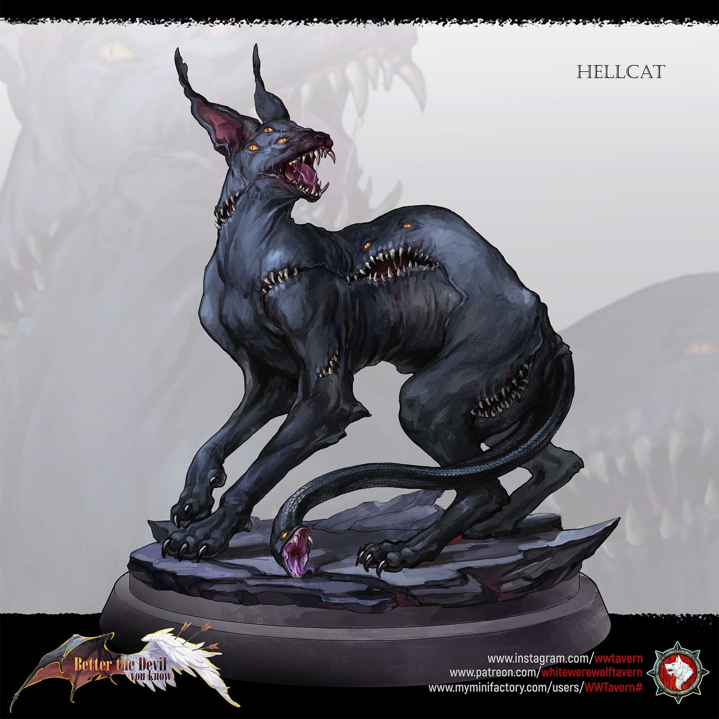 Render of Hellcats | 32mm Demon Cat Miniatures: Six skinless horned hellcats with serpent-head tails, from White Werewolf's Better the Devil You Know. 32mm 3D printed resin fiends, single or set.