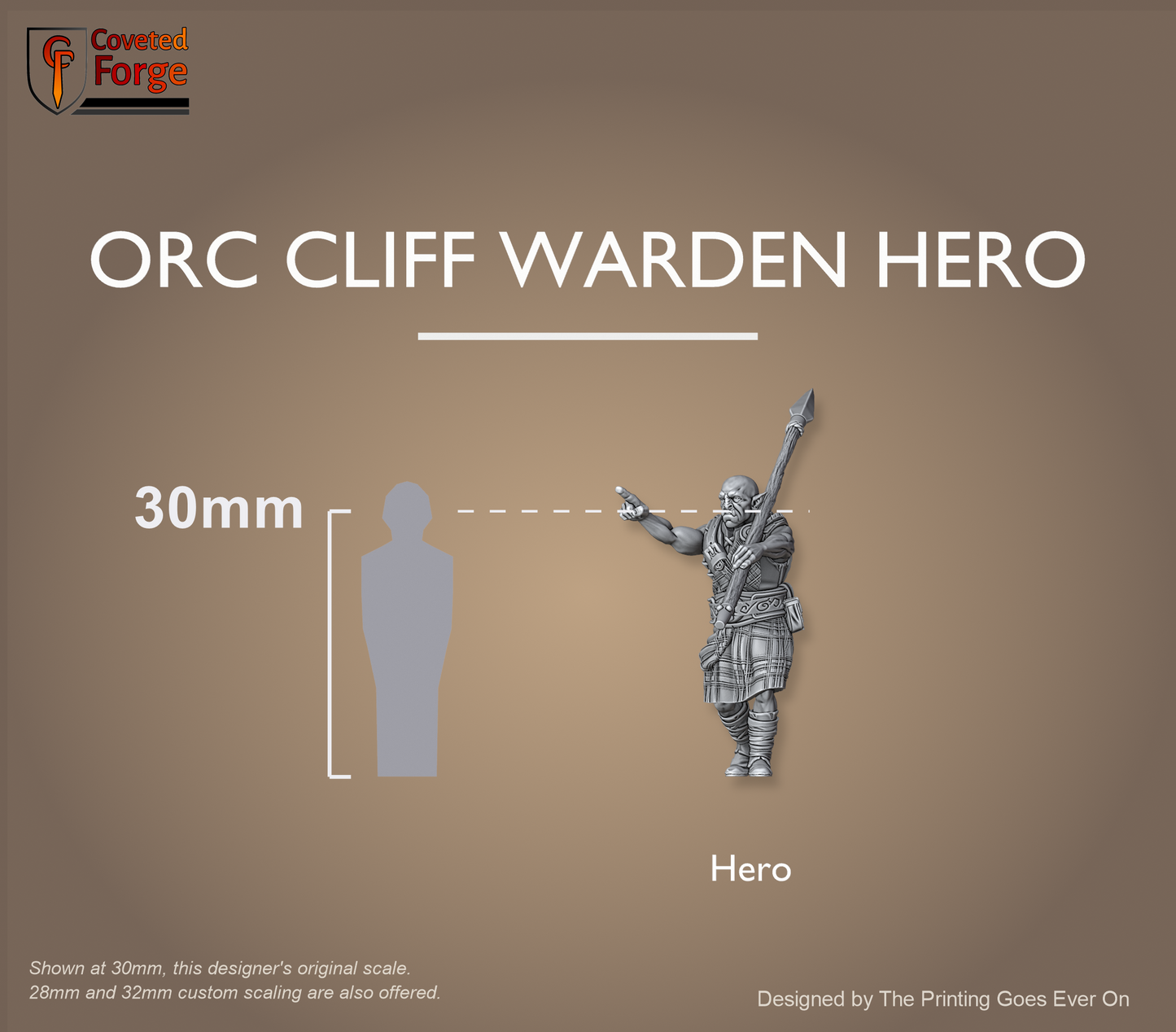 Orc Cliff Warden Hero shown at 30mm beside a human silhouette with eye-height scale bracket