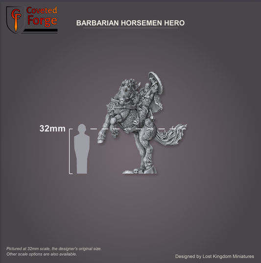 Scale reference render of the mounted barbarian hero beside a 32mm human silhouette