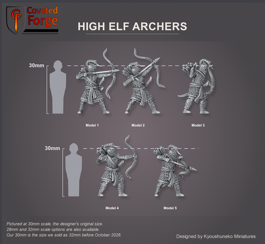 Coveted Forge scale render at 30mm, the designer's original size, with a 28mm downscale and a 32mm upscale also available (our 30mm is the size we sold as 32mm before October 2026): High Elf Archers Model 1, Model 2, Model 3, Model 4 and Model 5, labelled, side view, beside a 30mm human silhouette; the Complete Set includes every model.