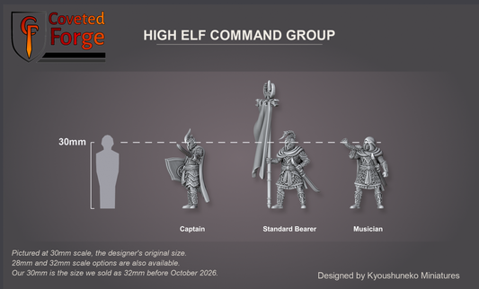 Coveted Forge scale render at 30mm, the designer's original size, with a 28mm downscale and a 32mm upscale also available (our 30mm is the size we sold as 32mm before October 2026): Full Command shown with every model, Captain, Standard Bearer and Musician, labelled, front three-quarter view, beside a 30mm human silhouette.