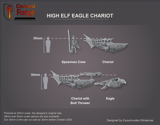 Coveted Forge scale render at 30mm, the designer's original size, with a 28mm downscale and a 32mm upscale also available (our 30mm is the size we sold as 32mm before October 2026): a Spearman Crew figure, the Eagle Chariot hull (Chariot), the With Bolt Thrower hull (Chariot with Bolt Thrower) and the Eagle's body, labelled, three-quarter view, beside a 30mm human silhouette on each row; the eagle's wings, hull fins and chain are included, printed separately and not shown.