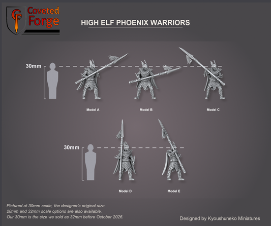 Coveted Forge scale render at 30mm, the designer's original size, with a 28mm downscale and a 32mm upscale also available (our 30mm is the size we sold as 32mm before October 2026): High Elf Phoenix Warriors Model A, Model B, Model C, Model D and Model E, labelled, front three-quarter view, beside a 30mm human silhouette; the Complete Set includes every model.