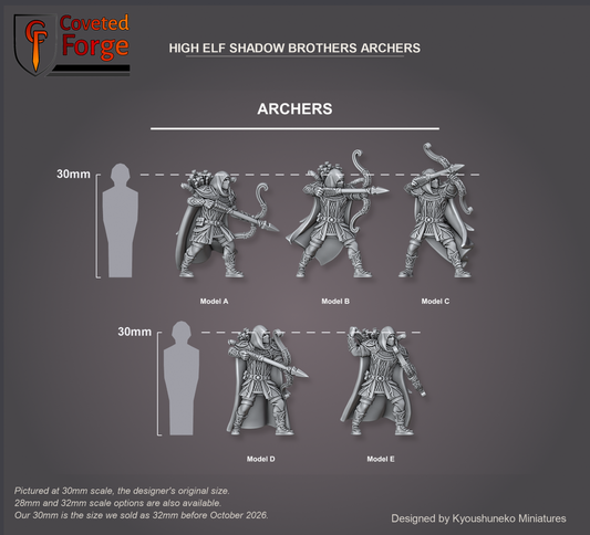 Coveted Forge scale render at 30mm, the designer's original size, with a 28mm downscale and a 32mm upscale also available (our 30mm is the size we sold as 32mm before October 2026): High Elf Shadow Brothers Archers Model A, Model B, Model C, Model D and Model E, labelled, three-quarter view, beside a 30mm human silhouette; the Complete Set includes every model.