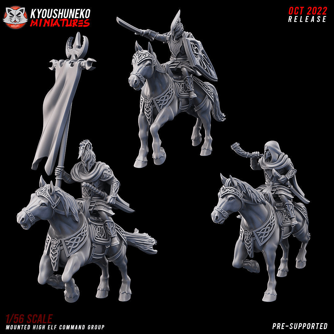 High Elf mounted command counted inside the w/ Command packs: a Captain with sword and shield, a Standard Bearer with a banner and a Musician with a horn, each on a barded horse; designer render by Kyoushuneko Miniatures.