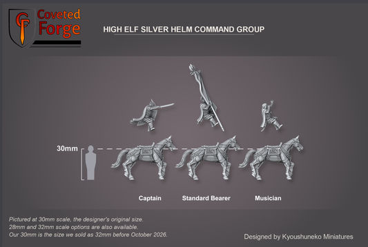 Coveted Forge scale render at 30mm, the designer's original size, with a 28mm downscale and a 32mm upscale also available (our 30mm is the size we sold as 32mm before October 2026): Full Command shown with every model, Captain, Standard Bearer and Musician, labelled. Each rider is floated above its barded horse to show the two separate pieces, side view, beside a 30mm human silhouette.