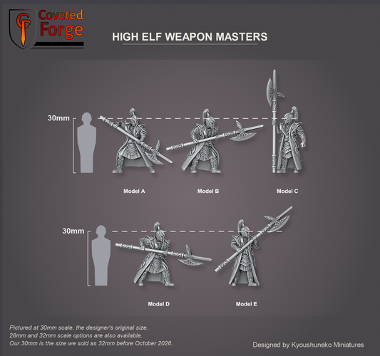 Coveted Forge scale render at 30mm, the designer's original size, with a 28mm downscale and a 32mm upscale also available (our 30mm is the size we sold as 32mm before October 2026): High Elf Weapon Masters Model A, Model B, Model C, Model D and Model E, labelled, front three-quarter view, beside a 30mm human silhouette; the Complete Set includes every model.