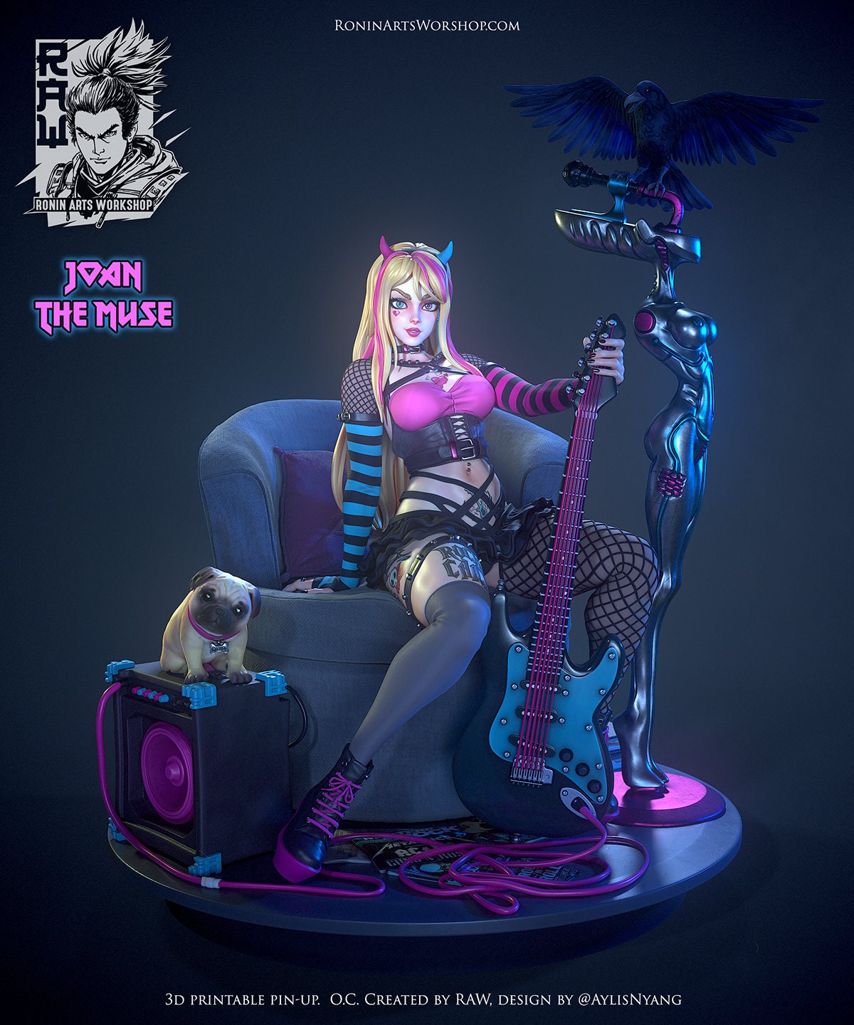 Joan - Pinup Punk Rock Girl | Clothed or Nude | Resin 3D Printed Pinup | Ronin Arts Workshop