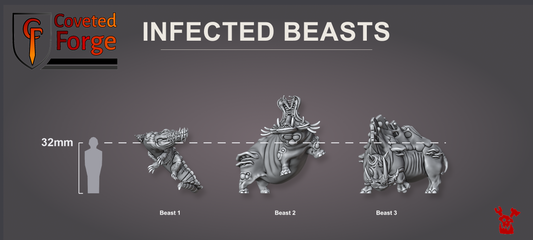 Render of Infected Beasts | 32mm Sci-Fi Fungal Plague Monsters | Nurgle Proxy: These mutated beasts form fungal-twisted packs of three. 3D printed resin miniatures, used as a Beast of Nurgle proxy.
