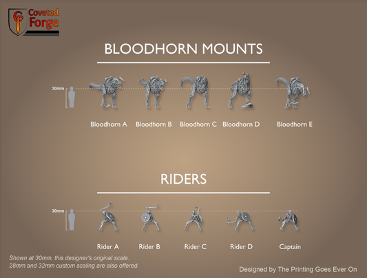 Orc Juggernauts lineup, five Bloodhorn raptor mounts and five riders labeled A to E, beside a 30mm human with scale brackets