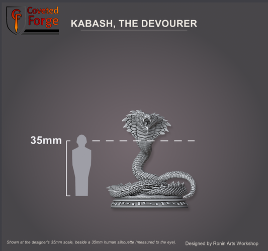 Kabash, The Devourer giant cobra shown at the designer's 35mm scale, beside a 35mm human silhouette (measured to the eye), feet aligned to the top of the model's base, on a charcoal studio backdrop. Ronin Arts Workshop.