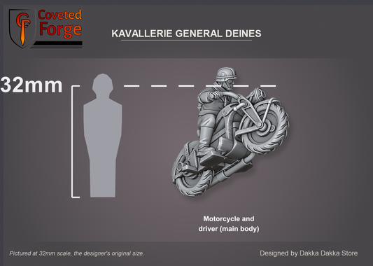 Coveted Forge scale reference: the Kavallerie General Deines motorcycle with its driver, the kit's main body, beside a 32mm human silhouette