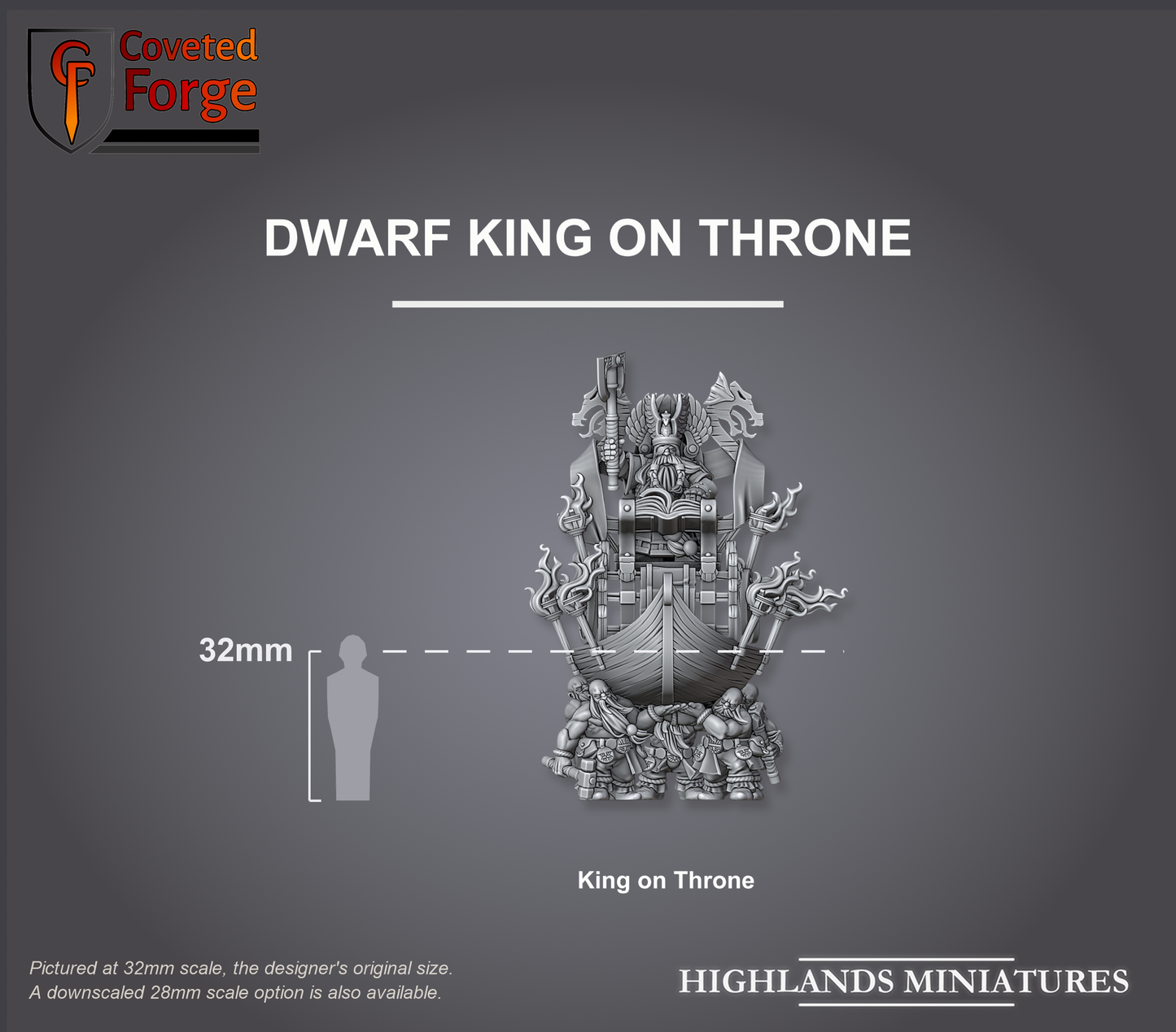 Dwarf King on Throne centerpiece beside a 32mm human silhouette, shown for scale