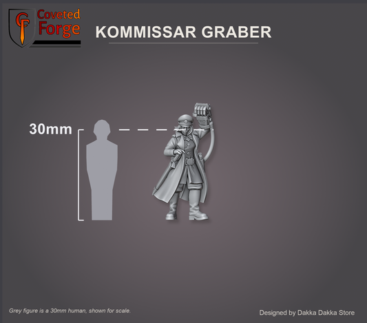 Kommissar Graber shown beside a 30mm human figure for scale, female commissar resin miniature