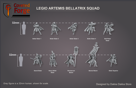All ten Bellatrix sisters shown at 32mm scale beside a 32mm human reference figure, labelled and ordered to match the model dropdown