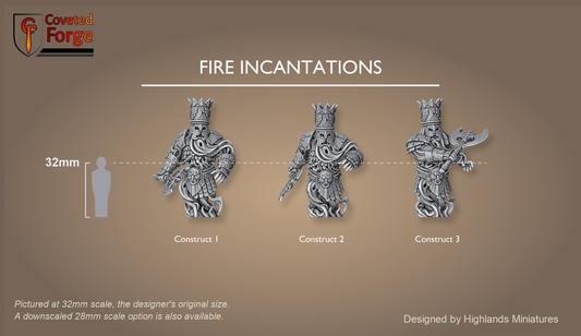 Marduk Fire Incantations, three flame elemental constructs shown at 32mm scale beside a 32mm human reference, resin monstrous infantry by Highlands Miniatures