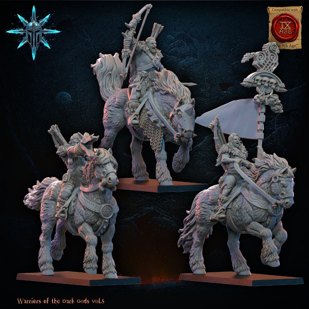 Detail view of the mounted standard bearer and musician of the barbarian horse archers