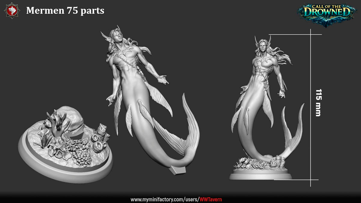 Merman 75mm parts: pre-assembled figure and scenic base, 115 mm tall on the base