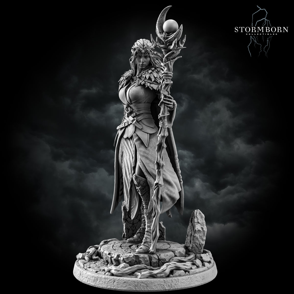 Maelin, Druid of the Moon, side view with the moon staff and the root-ringed plinth, resin display miniature by Stormborn Collectibles