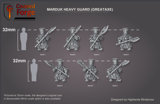 Render of Marduk Heavy Guard Greataxe: scale lineup of all seven sculpts at 32mm beside a 32mm human silhouette, labeled Guard 1 to Guard 7.