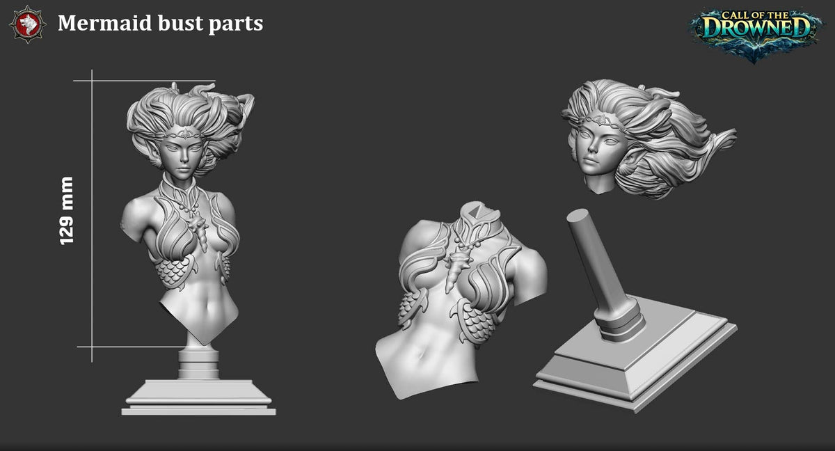 Mermaid Bust parts: bust body, head and the stand, 129 mm tall assembled