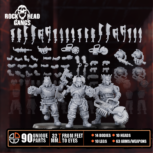 The Meathook Mob Build Kit: full parts array and three assembled sci-fi zealot fighters, designer render.