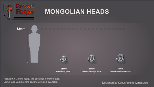 Coveted Forge scale reference: one Mongolian light cavalry head at 28mm, 32mm and 35mm scale beside a 32mm human silhouette, front three-quarter view, each scale labelled with the ranges it suits; 32mm is the designer's original size, 28mm and 35mm options are also available; every head is the same scale.