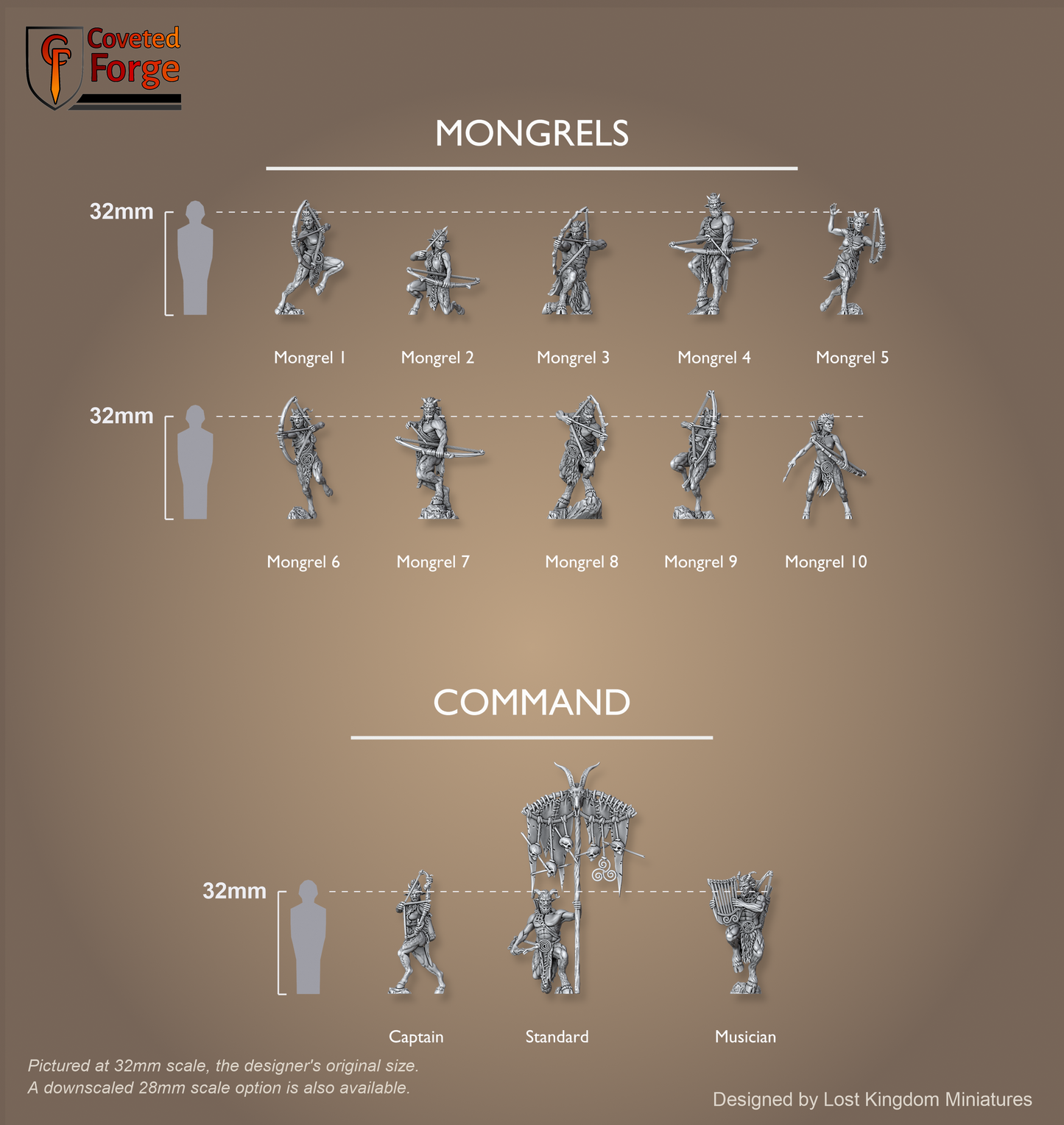 Mongrels scale lineup, 10 poses plus command beside a 32mm human, scale note