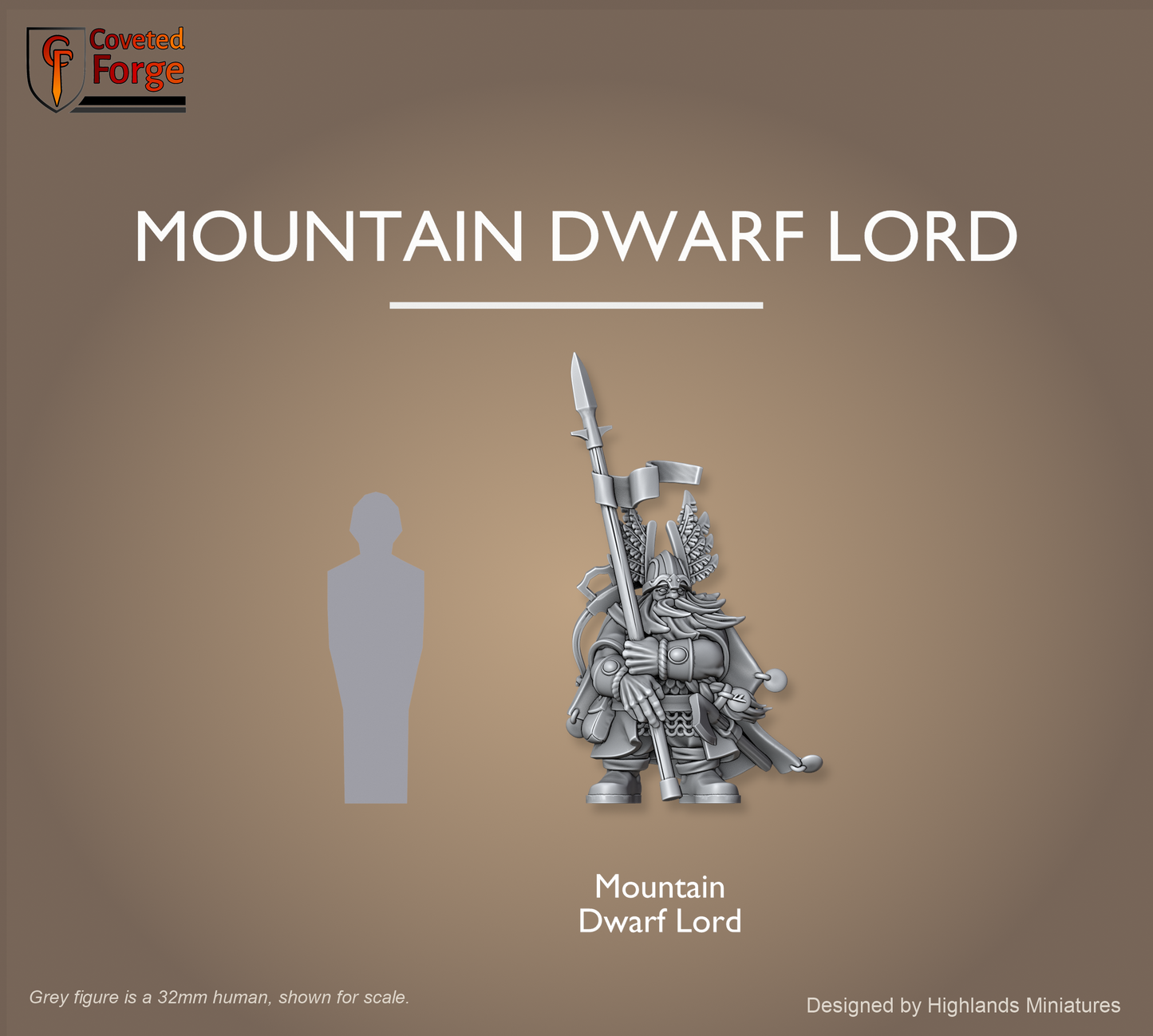 Mountain Dwarf Lord beside a 32mm human silhouette for scale