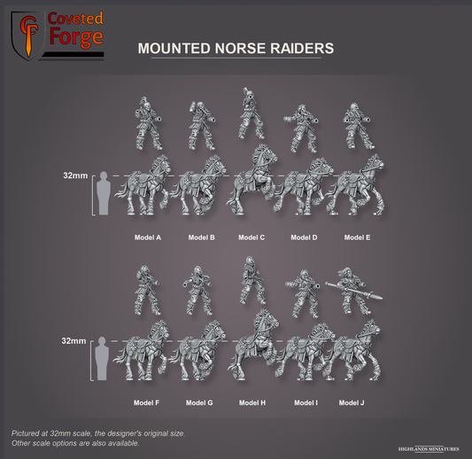 Coveted Forge scale reference: the ten Mounted Norse Raiders, Model A to J, riders floated above their horses, beside a 32mm human silhouette