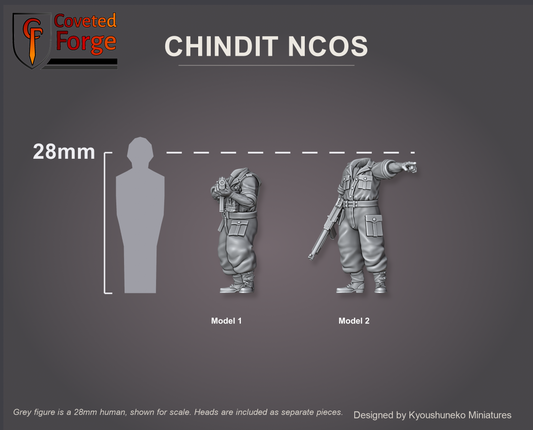Coveted Forge scale reference: two Chindit NCO bodies beside a 28mm human silhouette, heads included as separate pieces