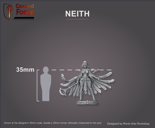 Neith, The Eye of Truth shown at the designer's 35mm scale, beside a 35mm human silhouette (measured to the eye), feet aligned to the top of the model's base, on a charcoal studio backdrop. Ronin Arts Workshop.