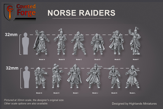 Coveted Forge scale reference: the twelve Norse Raider bodies, Model A to L, beside a 32mm human silhouette; hand weapons and shields are separate options
