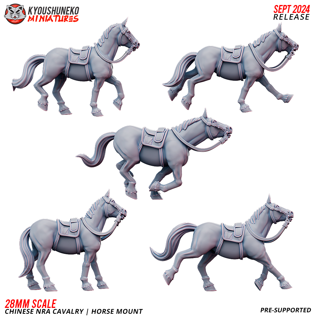 Chinese NRA cavalry horses, five riderless saddled WW2 horse sculpts, designer render by Kyoushuneko Miniatures.