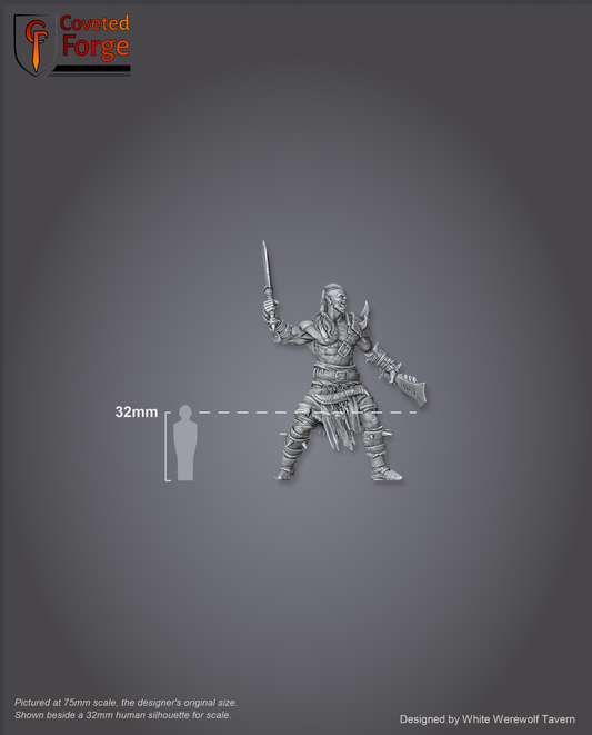 Scale lineup of the 75mm orc warrior beside a 32mm human silhouette
