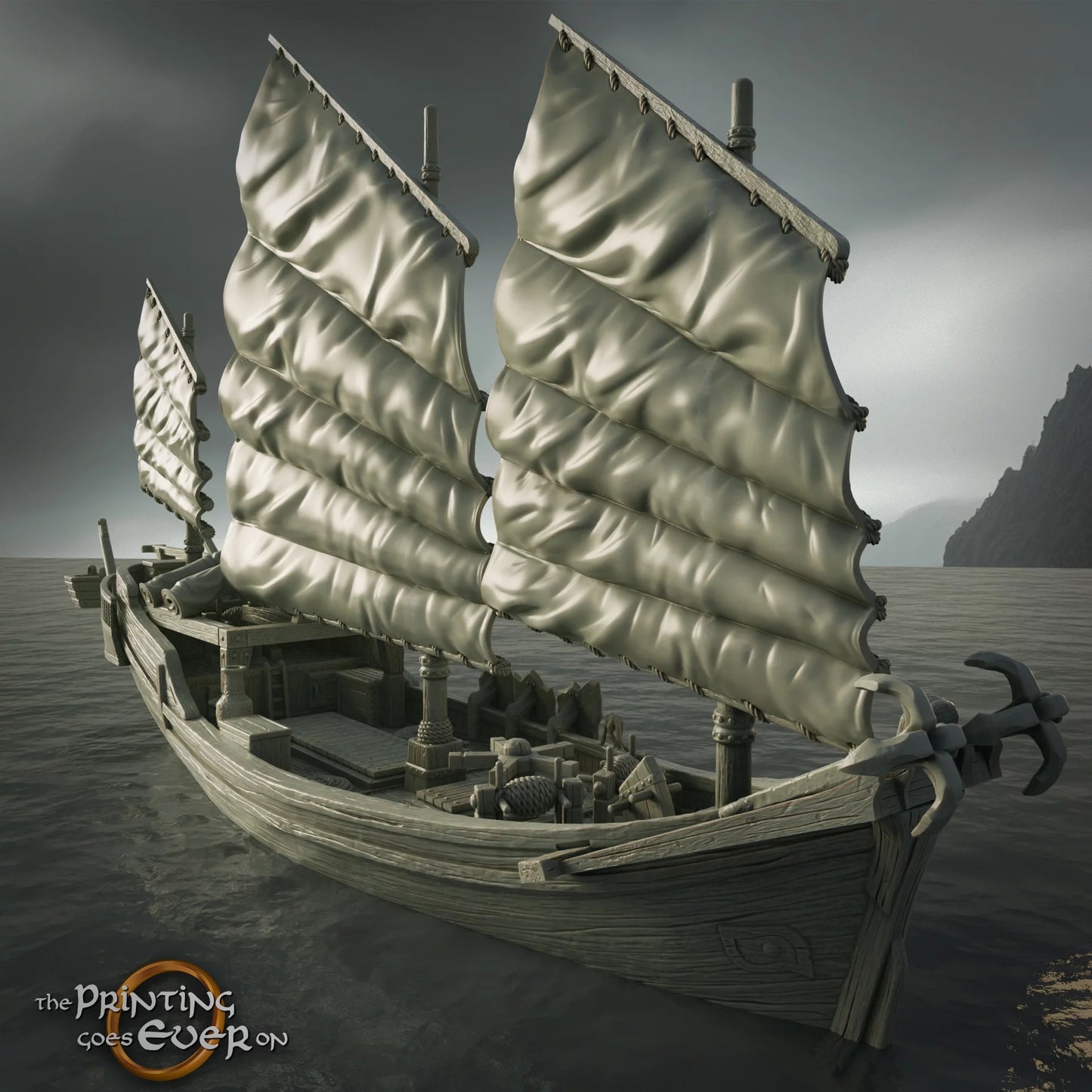 3D printed pirate junk ship terrain with three battened sails and an anchor, shown afloat on water, by The Printing Goes Ever On