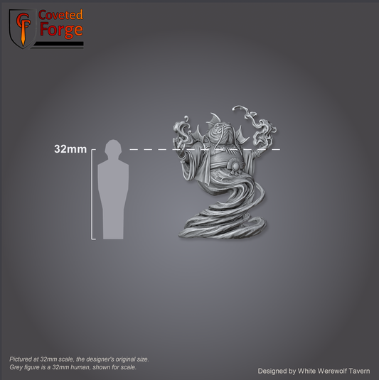 Scale reference: Brine Born Prophet at 32mm scale beside a 32mm human silhouette
