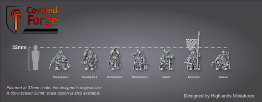 Render of Dwarf Throwing Axe Rangers | 32mm Resin | Highlands: Dwarf rangers hurl throwing axes from the high passes, with command. 3D printed resin miniatures for Kings of War, Age of Fantasy, and Old World.
